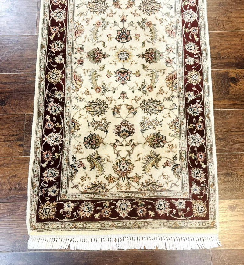 Pak Persian Runner Rug 2.8 x 8, Handmade Vintage Carpet, Beige and Maroon, Wool and Silk Highlights by Jewel Rugs