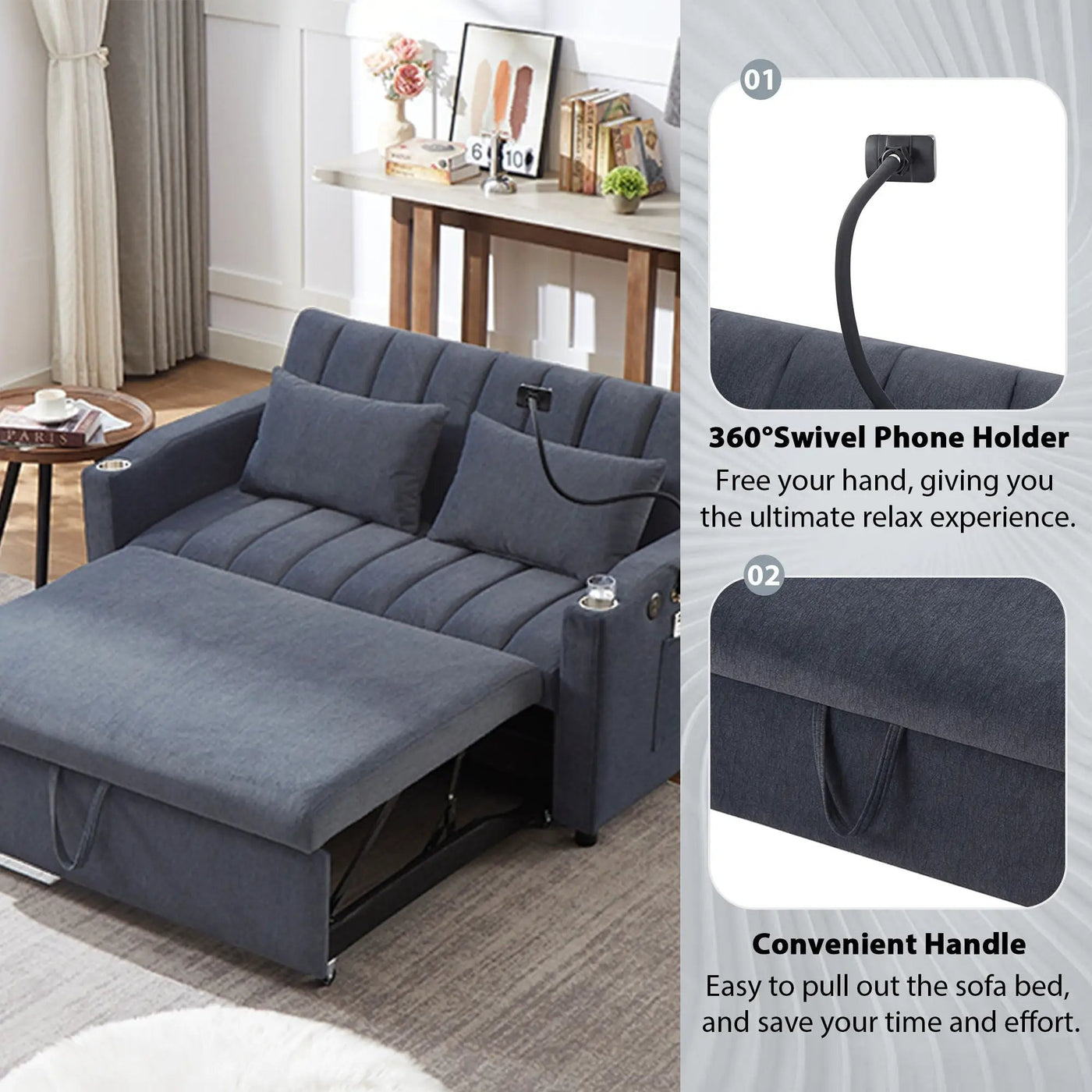 Convertible Sofa Bed Loveseat Sofa With Three USB Ports, Two Side Pockets, Two Cup Holders And 360° swivel Phone Holder For Living Room by HouseOfZazla