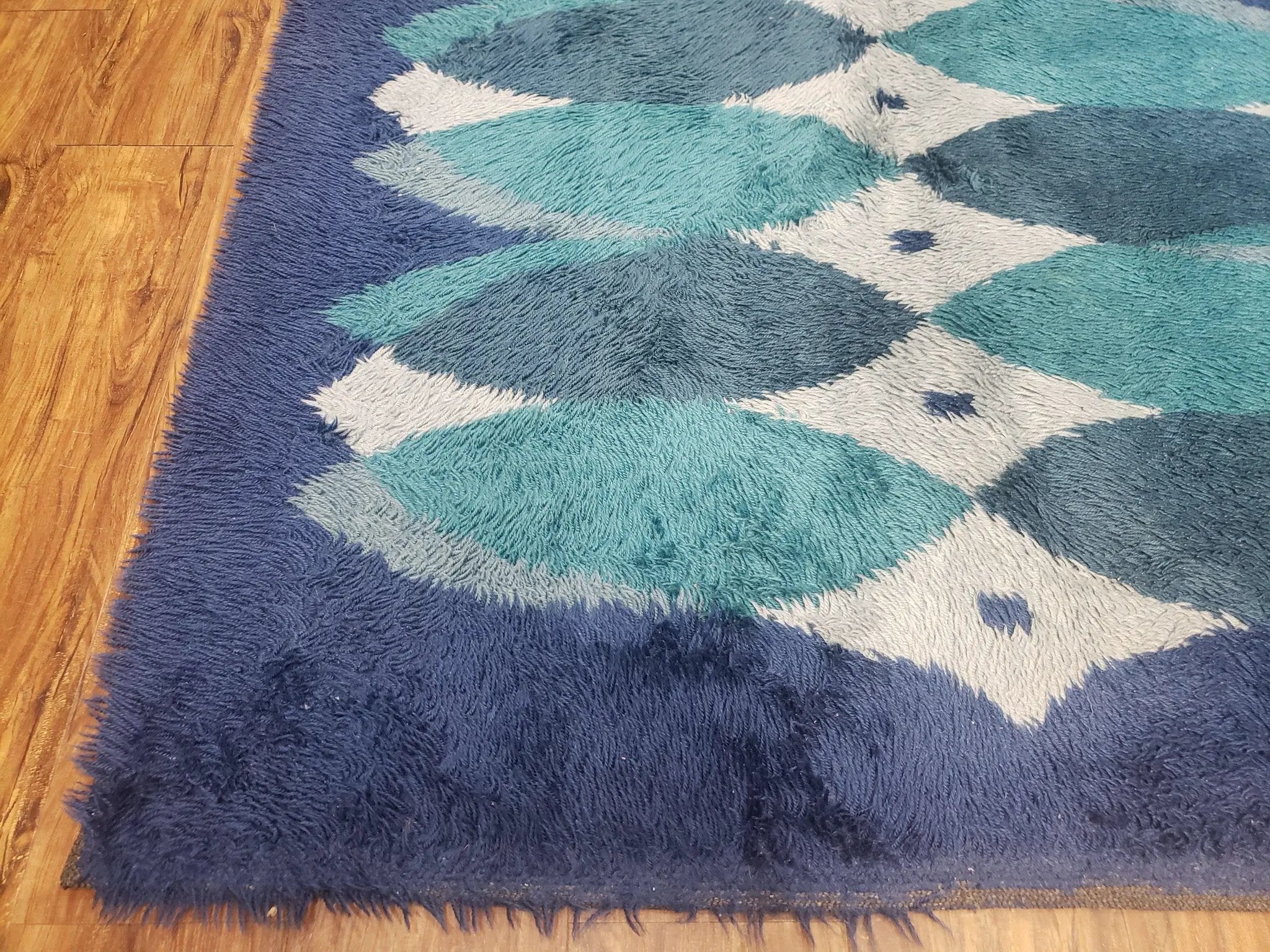 Blue Rya Rug, 1960s Mid-Century Modern Danish Shag Rug 4'6" x 6'7", Ege Rya, Abstract by Jewel Rugs