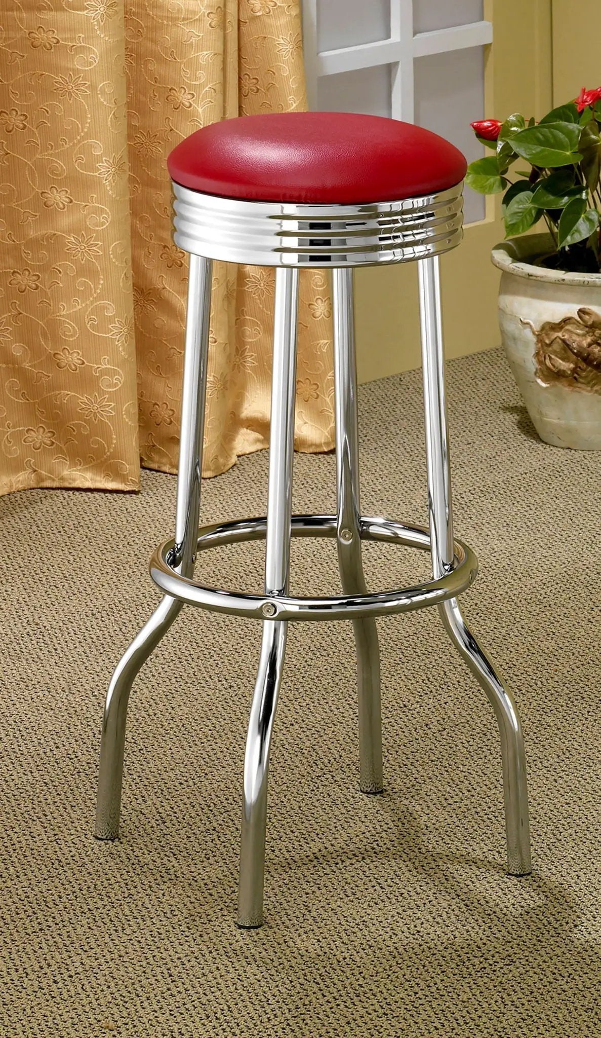 Retro Upholstered Metal Swivel Bar Stool Red (Set of 2) by Unique Piece Furniture