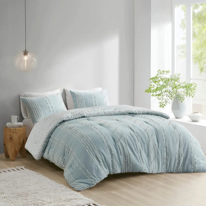 3 Piece Cotton Jacquard Comforter Set Aqua Full/Queen by HouseOfZazla