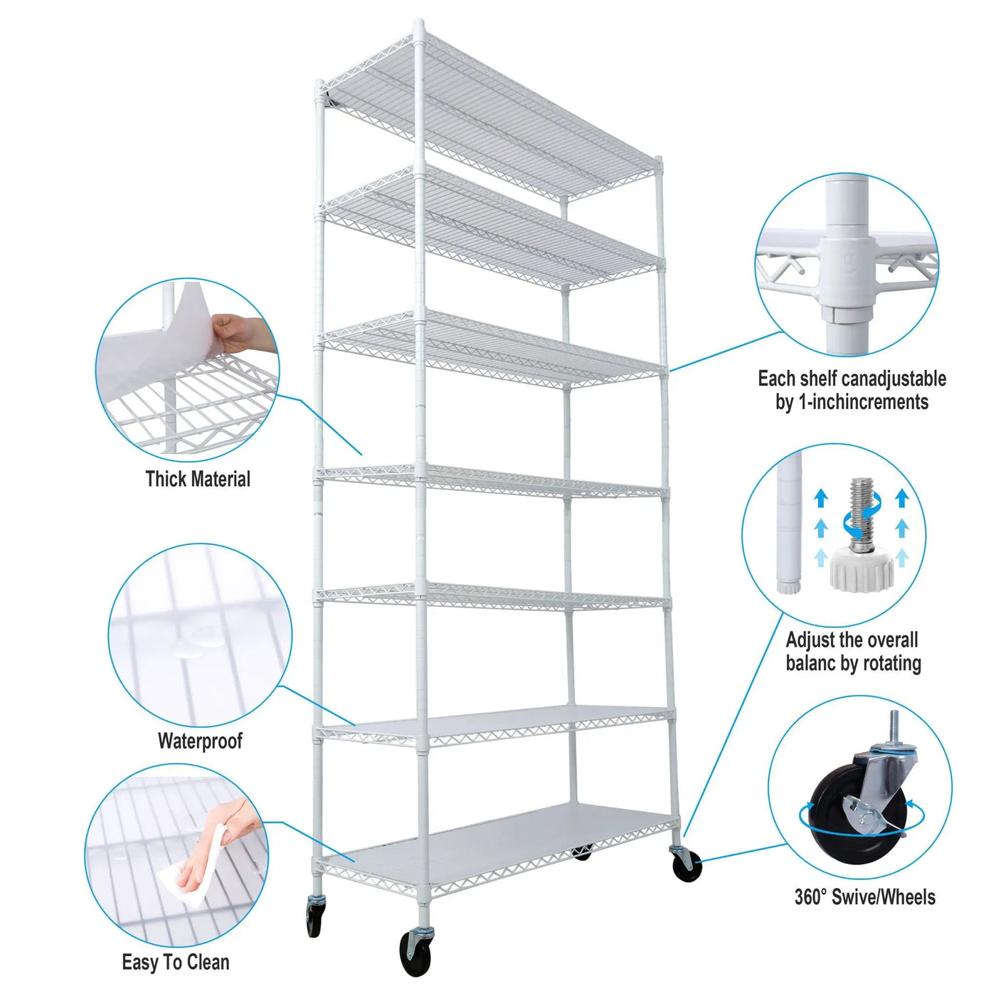 7 Tier Metal Shelf Wire Shelving Unit, 2450Lbs Heavy Duty Adjustable Storage Rack With Wheels & Shelf Liners For Closet Kitchen Garage Basement Commercial Shelving by HouseOfZazla