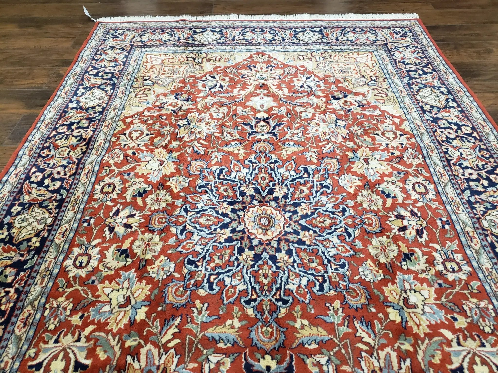 Vintage Indo Persian Oriental Rug 6 x 9.6, Wool Hand-Knotted Red Dark Blue & Gold Indian Carpet, 6 x 9 Office Room Rug, Floral Medallion by Jewel Rugs