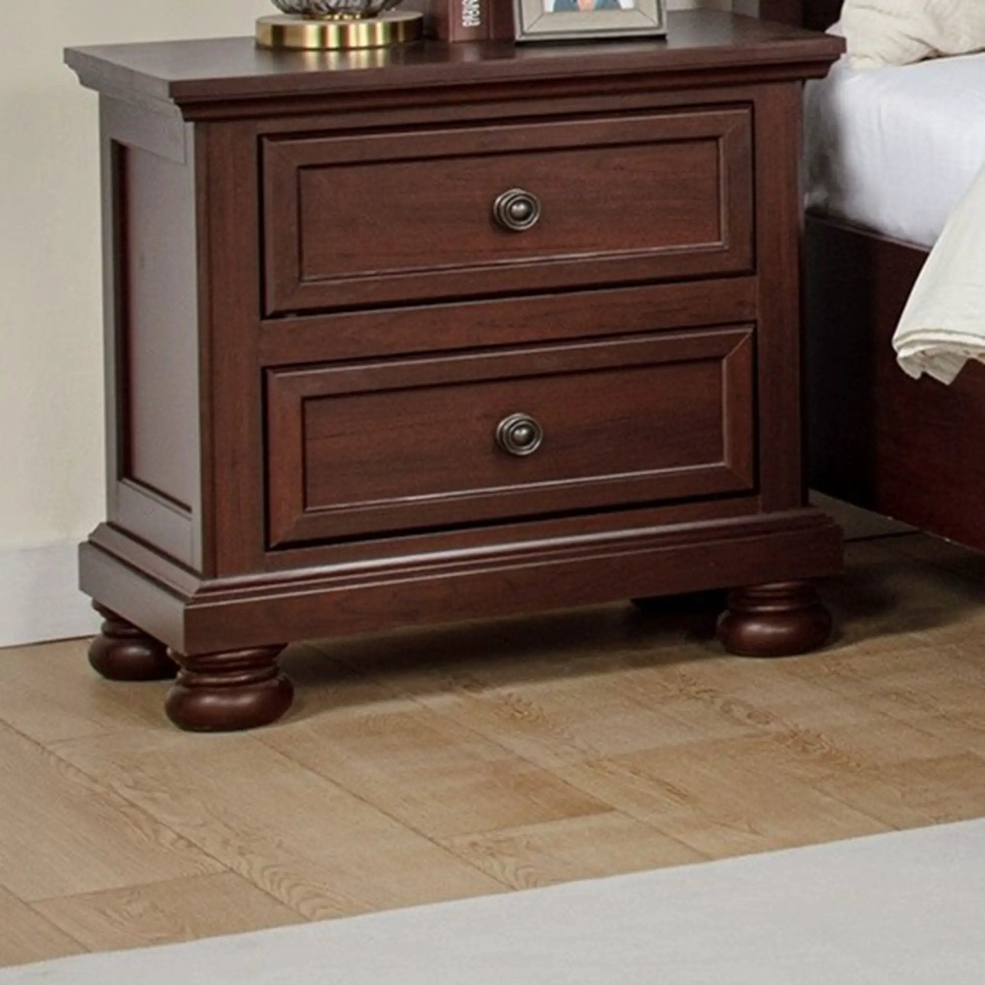 1 Piece Nightstand, 2 Drawer Storage Bedroom Furniture - Brown / Cherry by Unique Piece Furniture