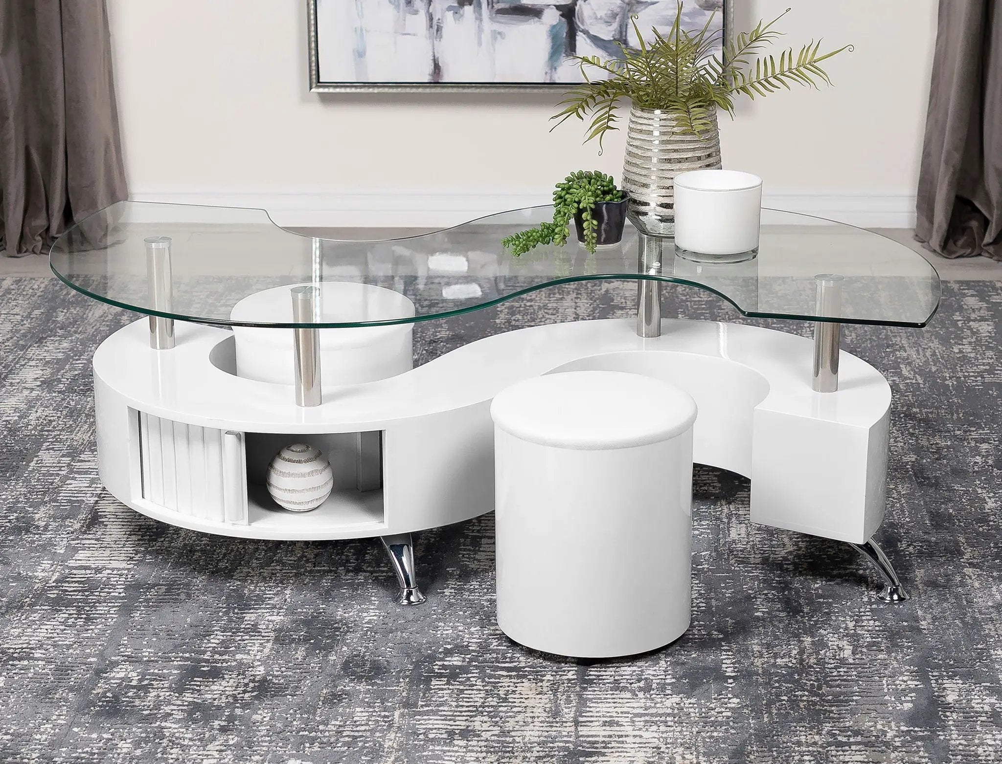 Buckley 3-piece Coffee Table and Stools Set White High Gloss by Unique Piece Furniture
