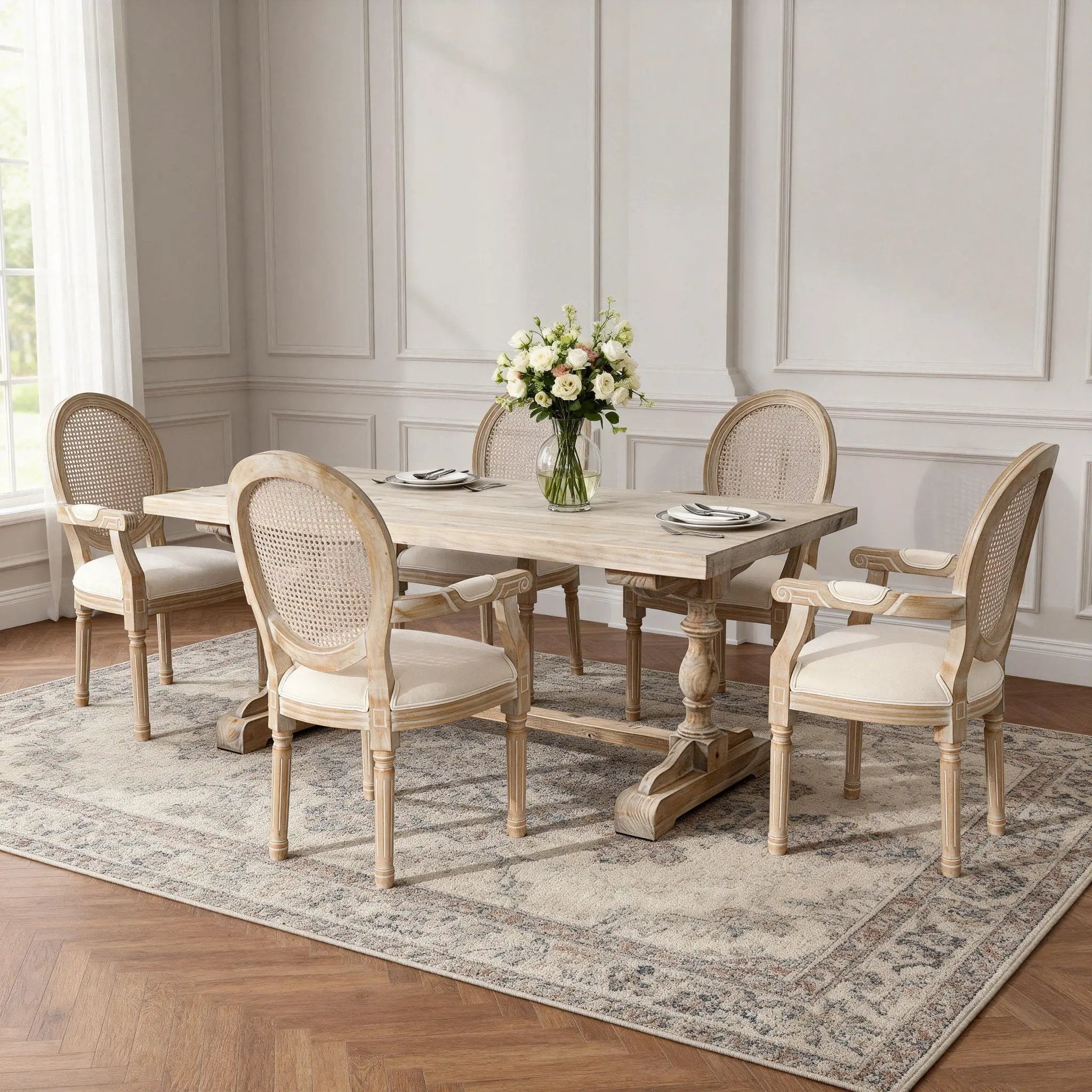 French Vintage Upholstered Fabric Dining Armchair (Set of 2) - Beige by HouseOfZazla