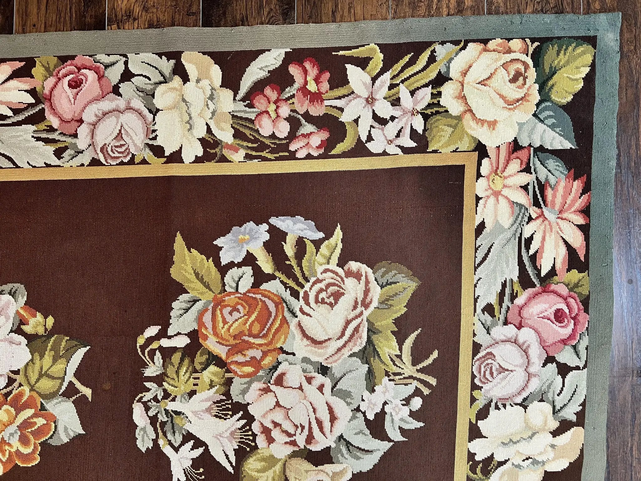 Vintage Needlepoint Rug 9x12, Large Handmade Hand-woven Needlepoint Carpet, Brown Area Rug, Floral Bouquets, Wool Rug, European Design by Jewel Rugs