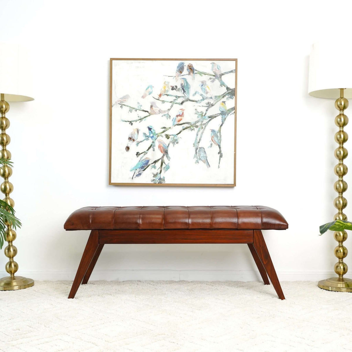 Cognac Genuine Leather Upholstered Bench with Solid Wood Frame - Dark Brown, photo 7 of 10
