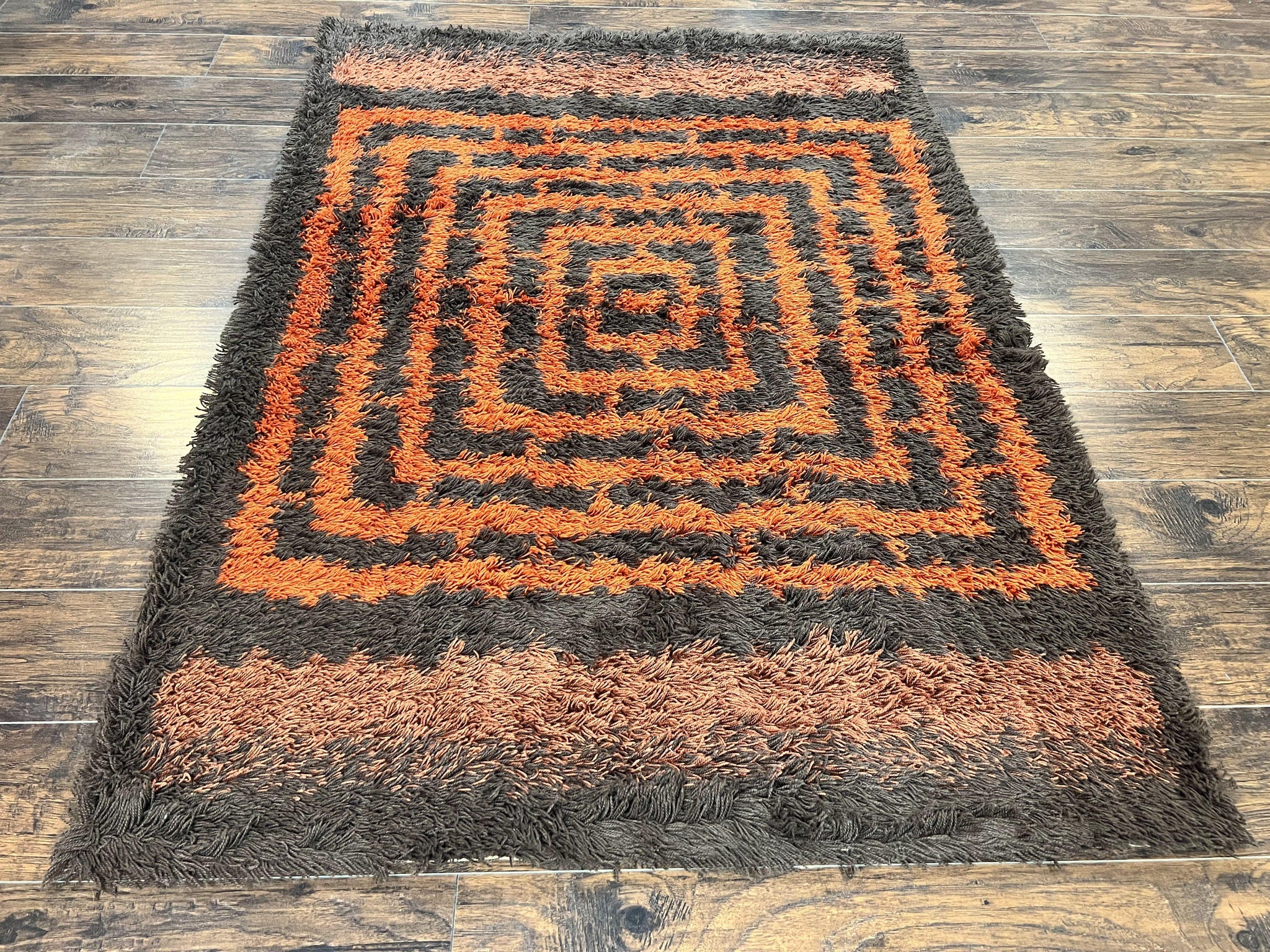 Vintage Rya Shag Rug 4.6 x 6.6, Abstract Design, Brown and Orange, Mid Century Danish Rya Carpet by Jewel Rugs