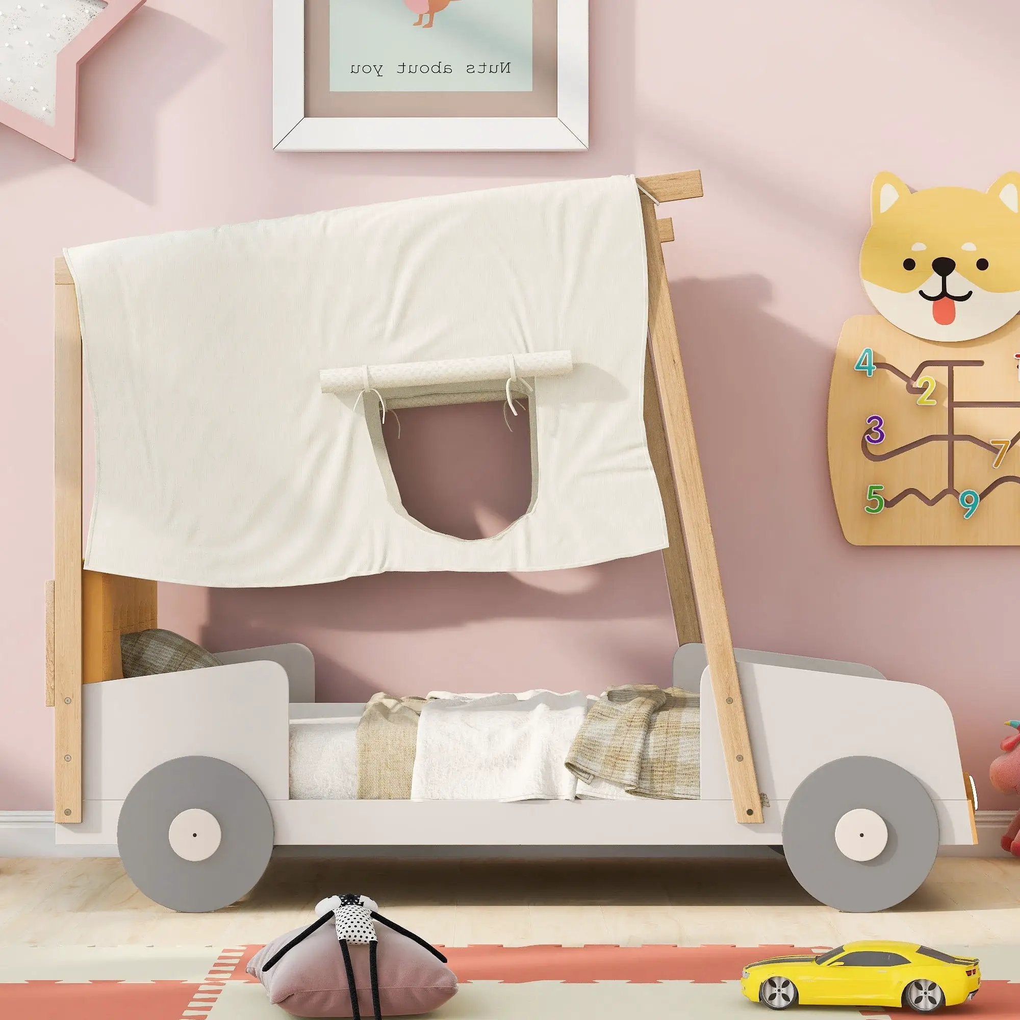 Twin Size Car Bed With Pillow, Ceiling Cloth And LED - Natural by HouseOfZazla