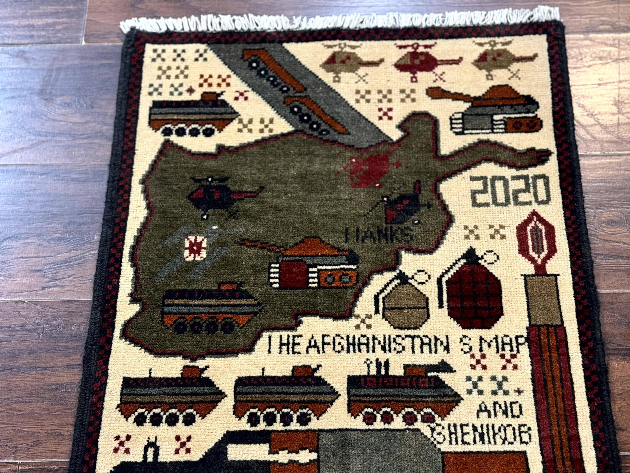 Afghan War Rug, Tanks Helicopters Guns by Jewel Rugs