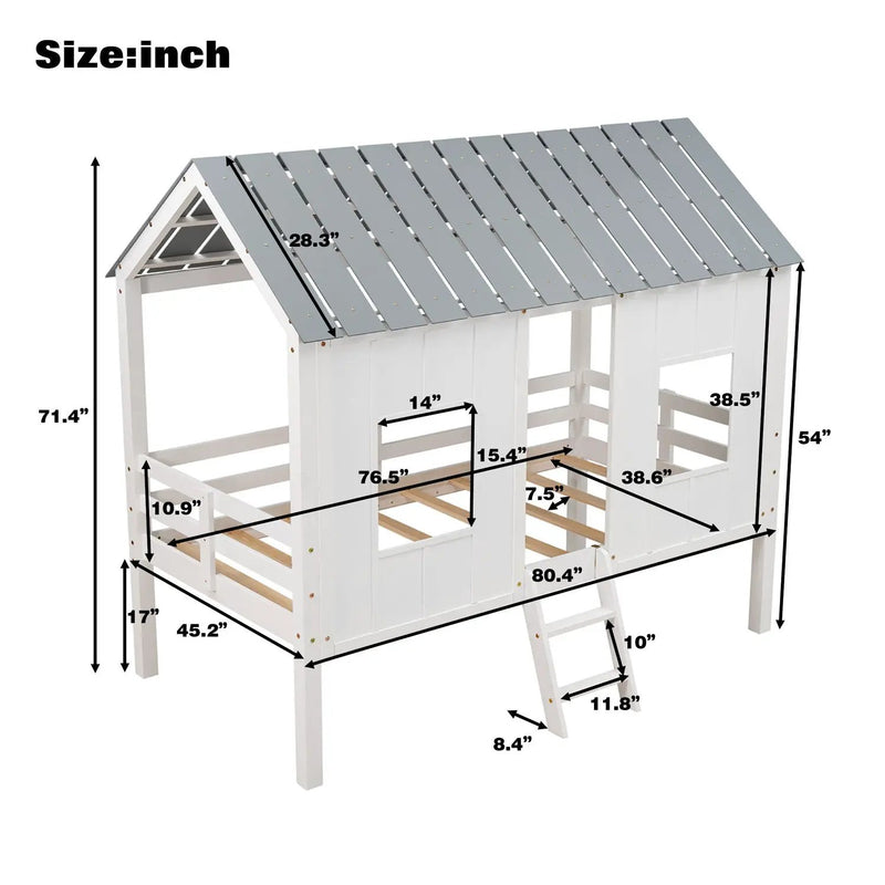 Twin Size Low Loft House Bed With Roof And 2 Front Windows - White by HouseOfZazla
