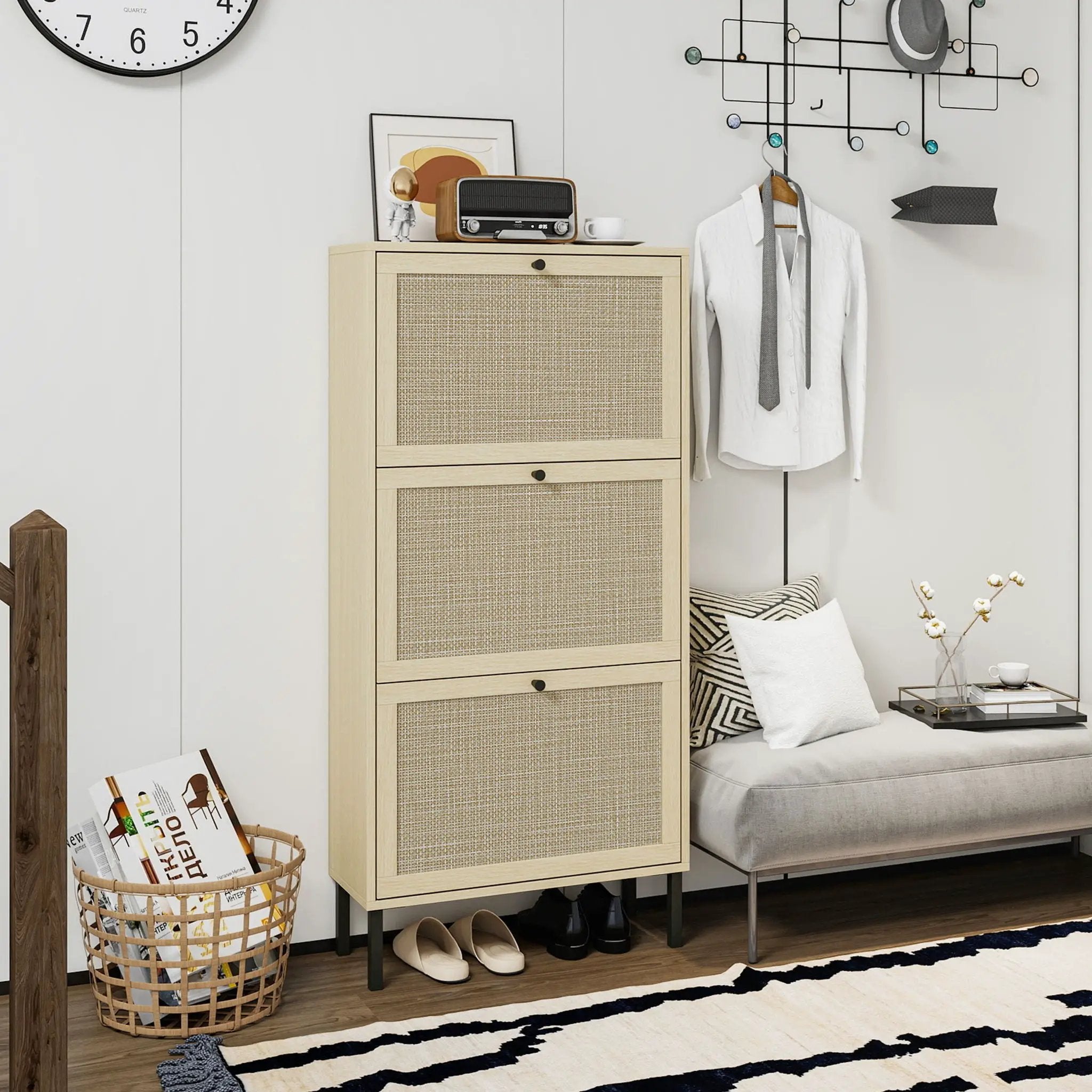 Modern Rattan 3 Door Shoe Rack Cabinet For Entryway by Unique Piece Furniture