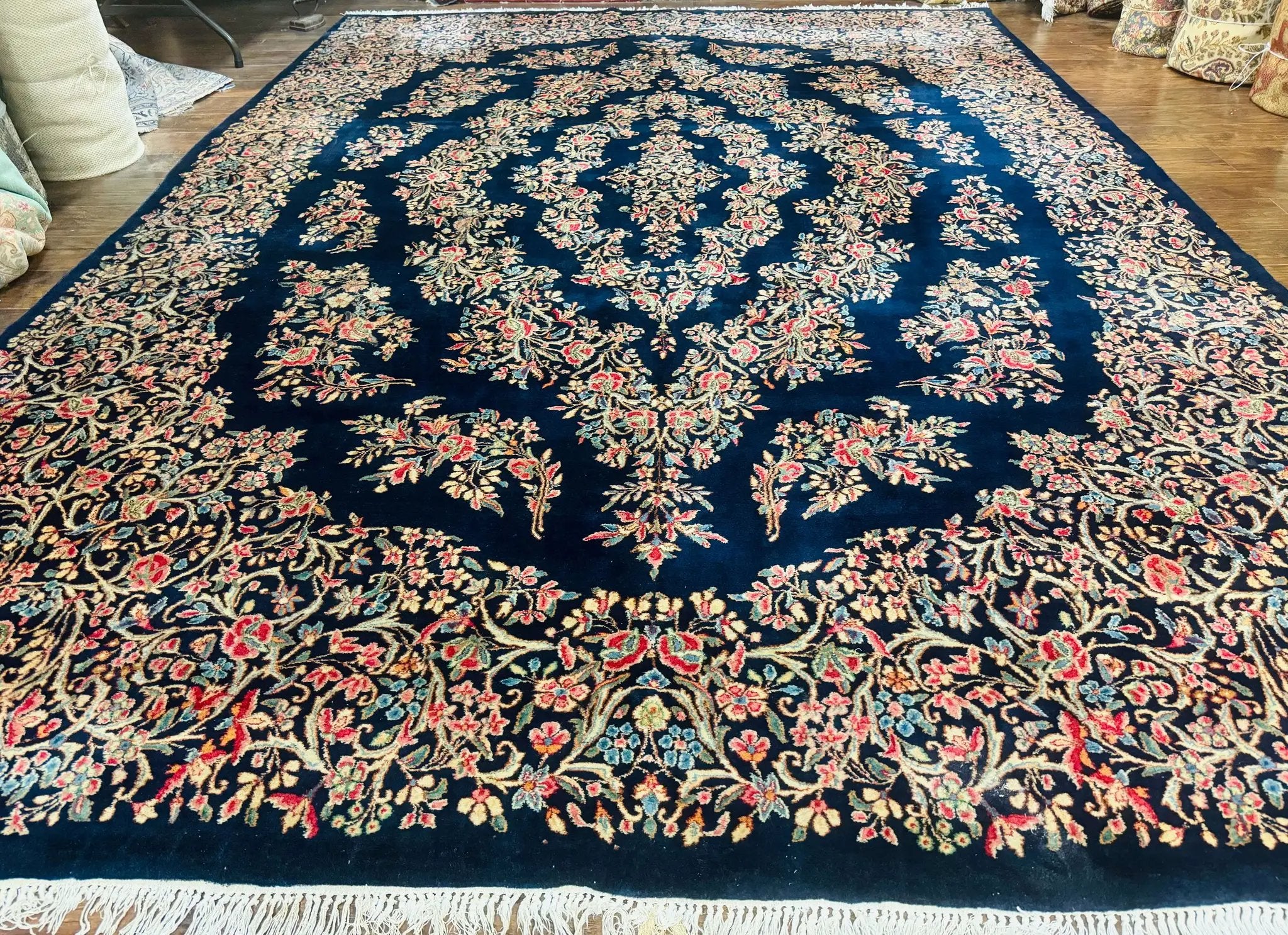 Antique Persian Kerman Rug 10x13, Navy Blue Floral Carpet, Fine 270 KPSI by Jewel Rugs