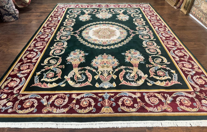 Aubusson Rug 9x12, Dark Green, European Design, Vintage Fine Handmade Carpet, Elegant by Jewel Rugs