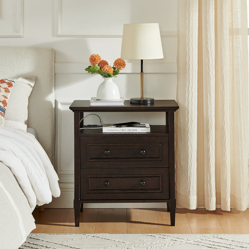 Wooden Bedside Nightstand with Open Cubby & 2 Storage Drawers, photo 2 of 10