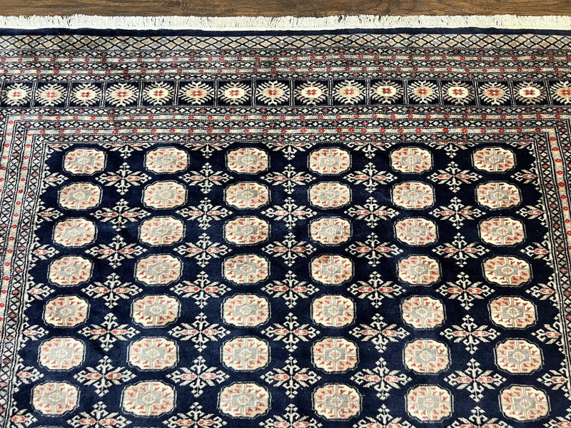 Pakistani Bokhara Rug 8x10, Turkoman Carpet, Dark Blue and Beige, Vintage Handmade Wool Carpet by Jewel Rugs