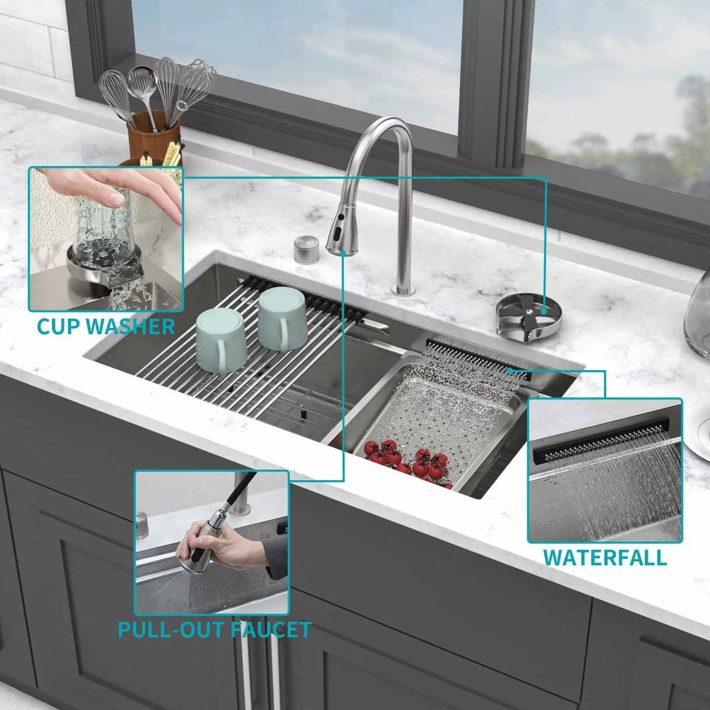 Undermount Stainless Steel Kitchen Sink With Pull Down Faucet & Ledge Workstation by HouseOfZazla