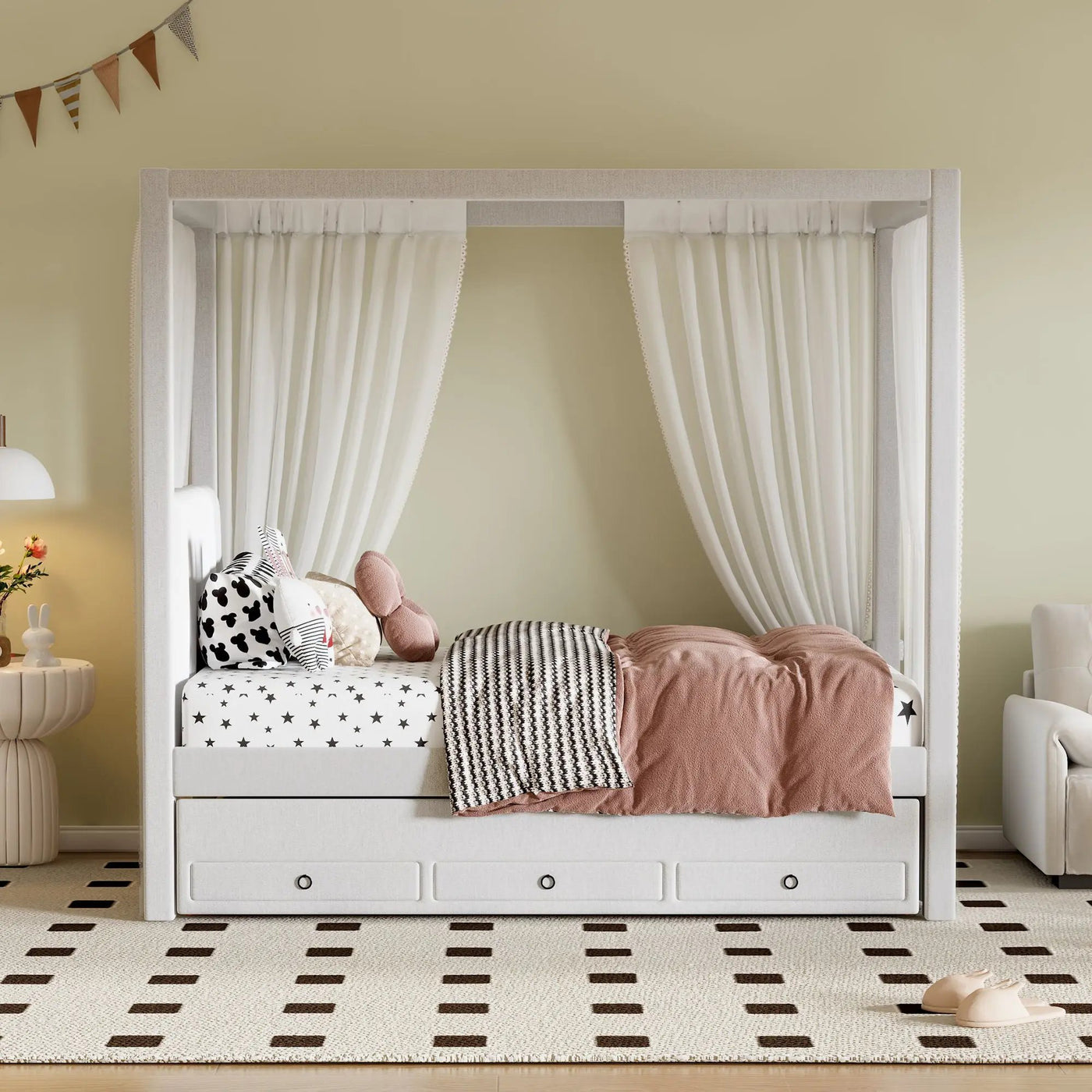 Upholstery Canopy Platform Bed With Trundle And Three Storage Drawers by Unique Piece Furniture