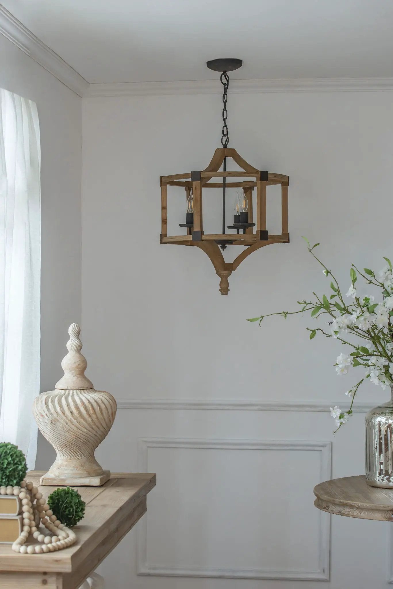 3 Light Wood Drum Chandelier, Hanging Light Fixture With Adjustable Chain For Kitchen, Bulb Not Included - Brown by Unique Piece Furniture