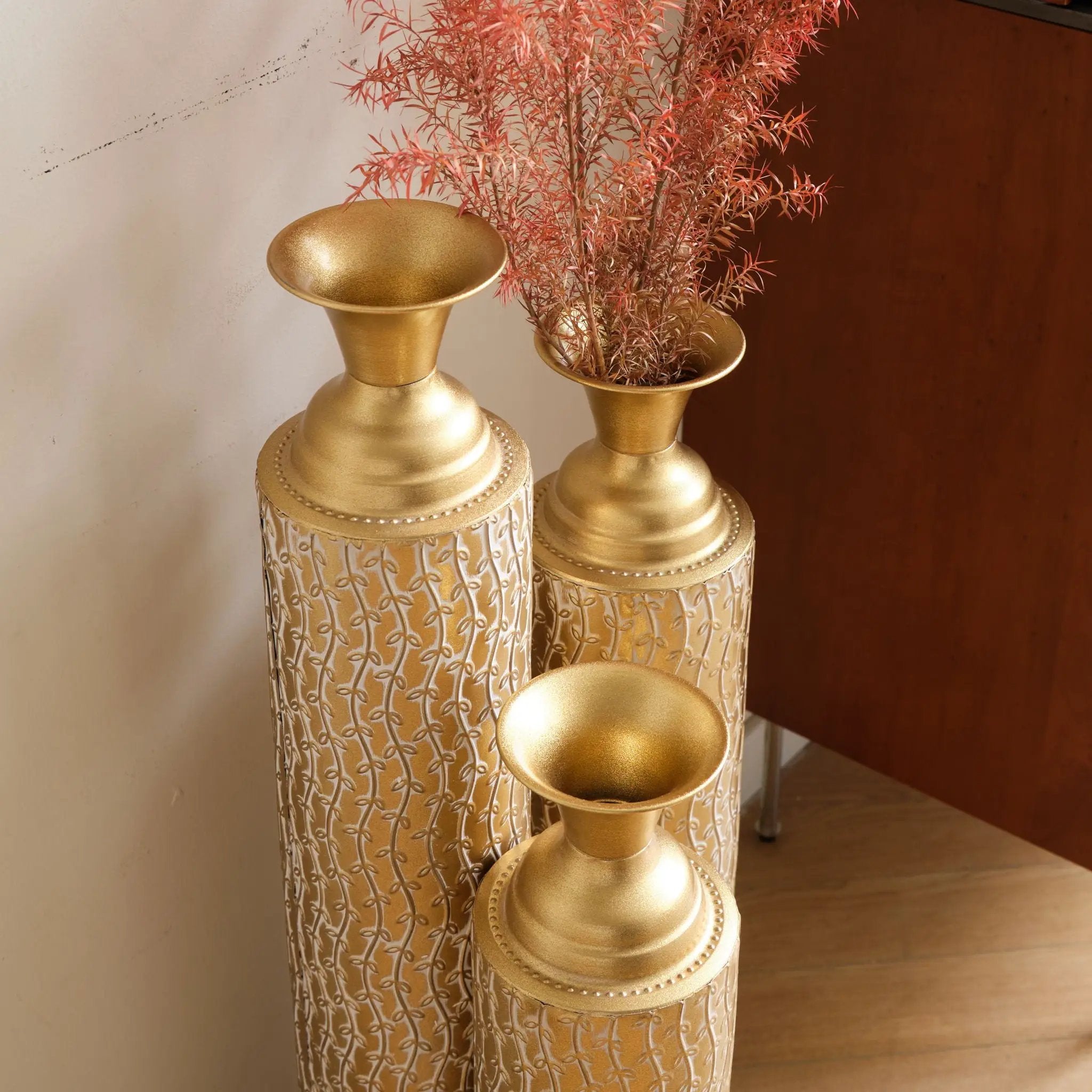 Metal Decorative Vases High Distress Metal Center Vases With Growing Vine Patterns, (Set of 3) Vases For Home Decoration - Gold by HouseOfZazla