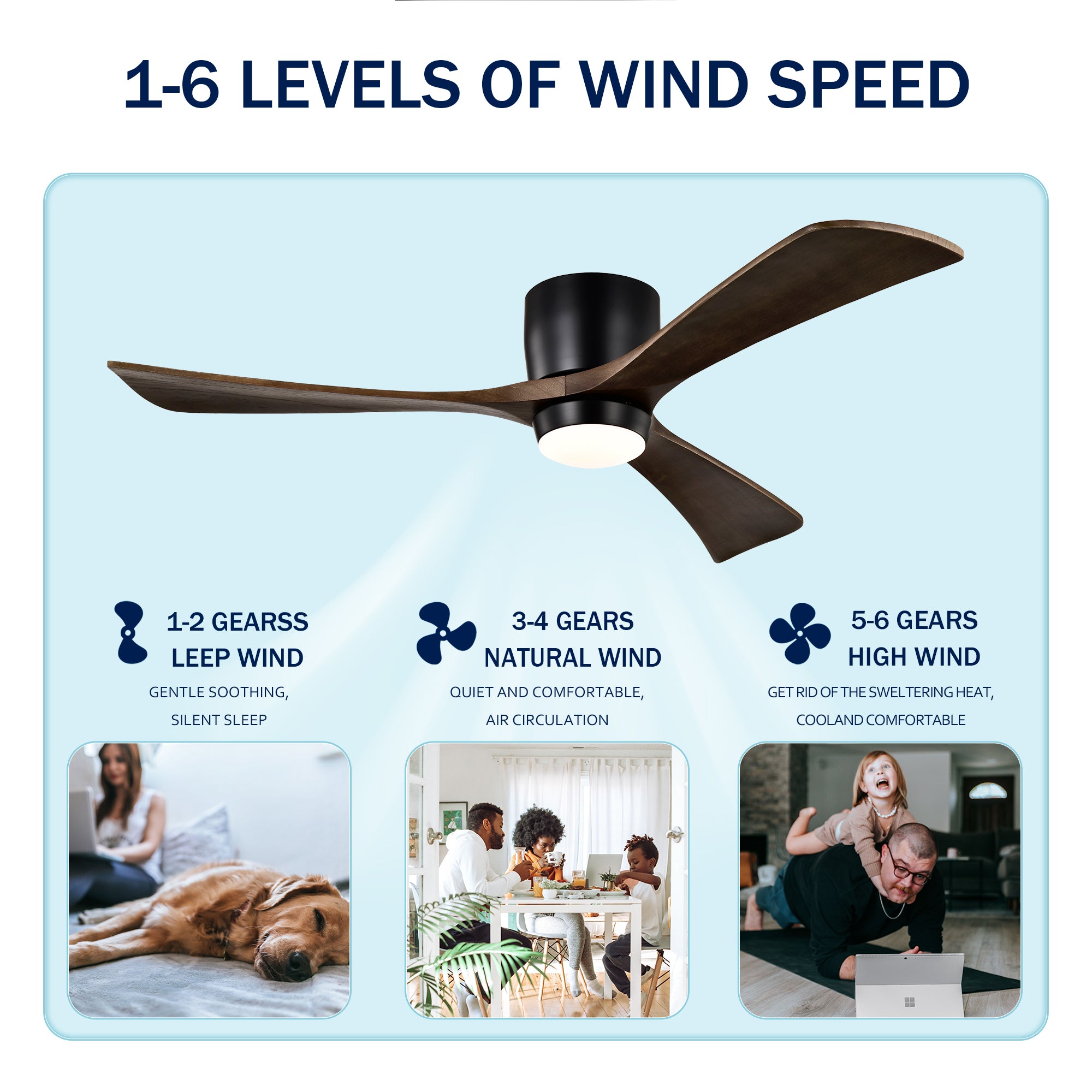 52" Flush Mount Solid Wood Blades Ceiling Fan with Lights Remote Control by HouseOfZazla