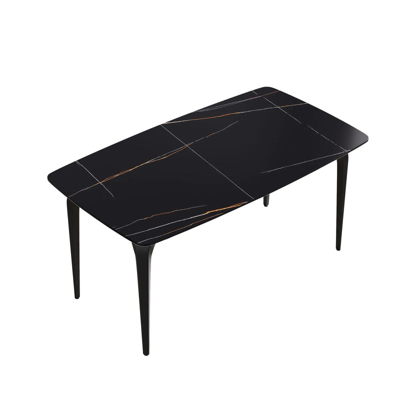 63" Artificial Stone Black Curved Black Metal Leg Dining Table, 6 People - Black by HouseOfZazla