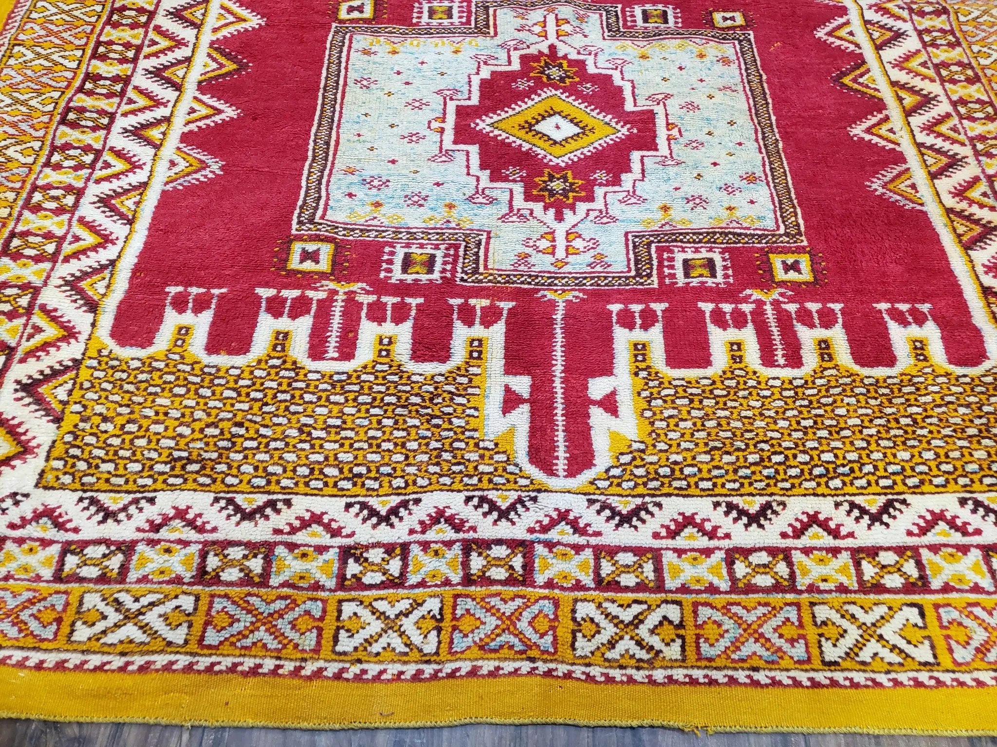 Vintage Moroccan Rug 6x10, Red and Yellow Moroccan Carpet, Handmade Bohemian Tribal Area Rug, Hand-Knotted 1970s Wool Rug, Medalions by Jewel Rugs