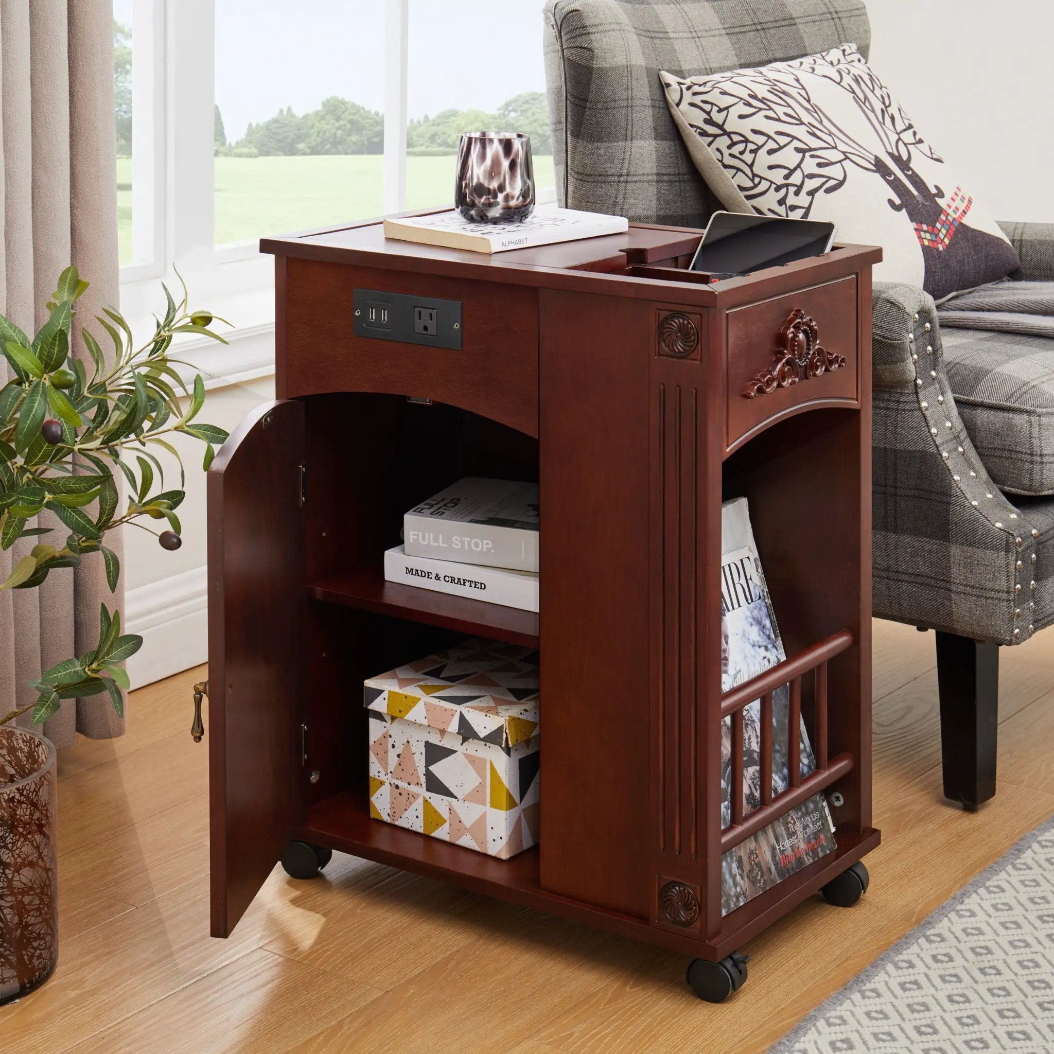 Traditional End Table With Charging Station, Narrow Side Table With USB Ports And Outlets - Red Walnut by Unique Piece Furniture