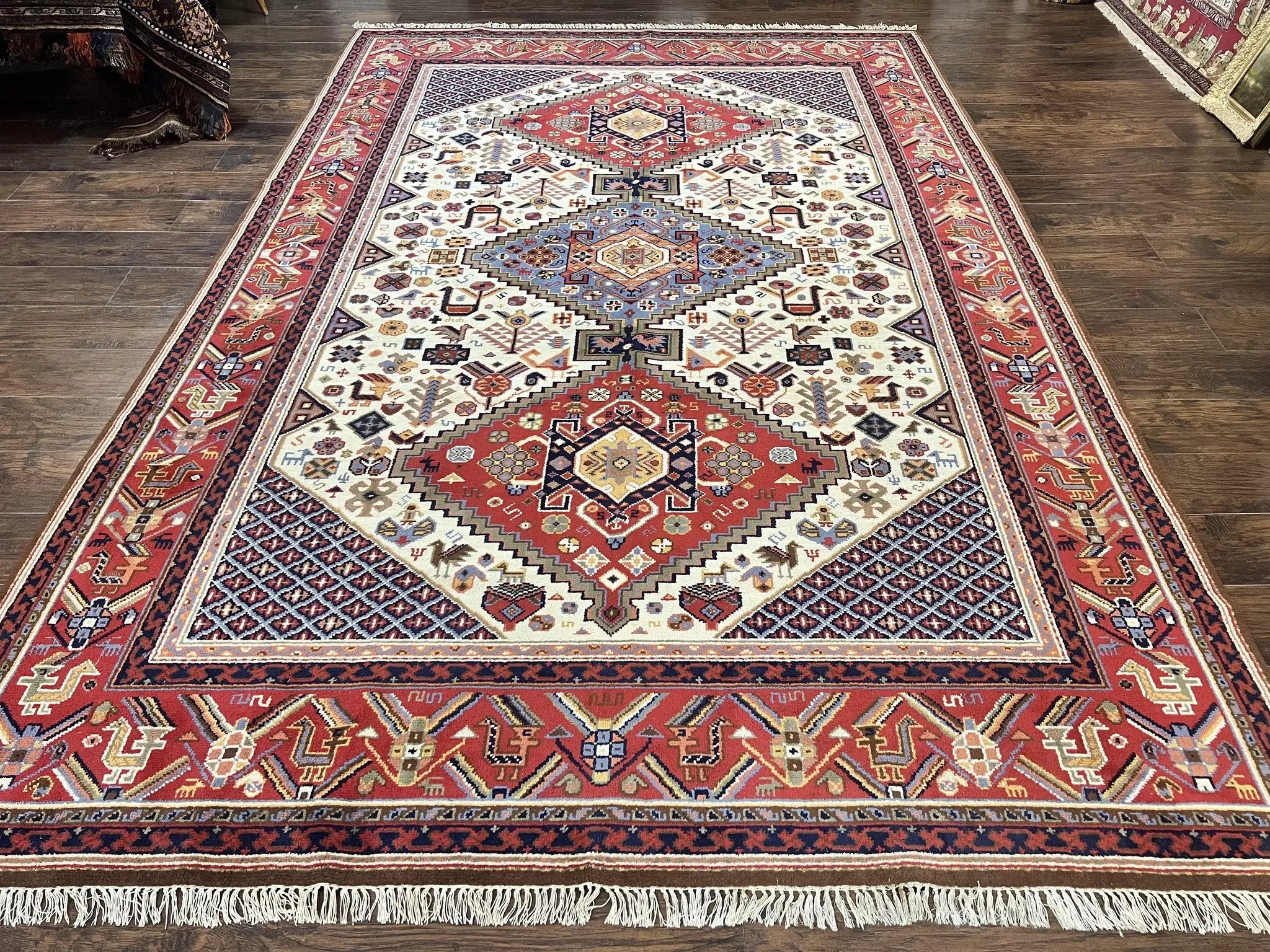 Belgium Power Loomed Rug 8x12, Geometric Medallions Persian Tribal Pattern, Vintage Wool Carpet, Ivory Red Blue by Jewel Rugs
