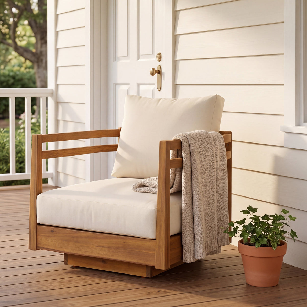Acacia Wood Outdoor Swivel Chair with Plush Cushions - Natural