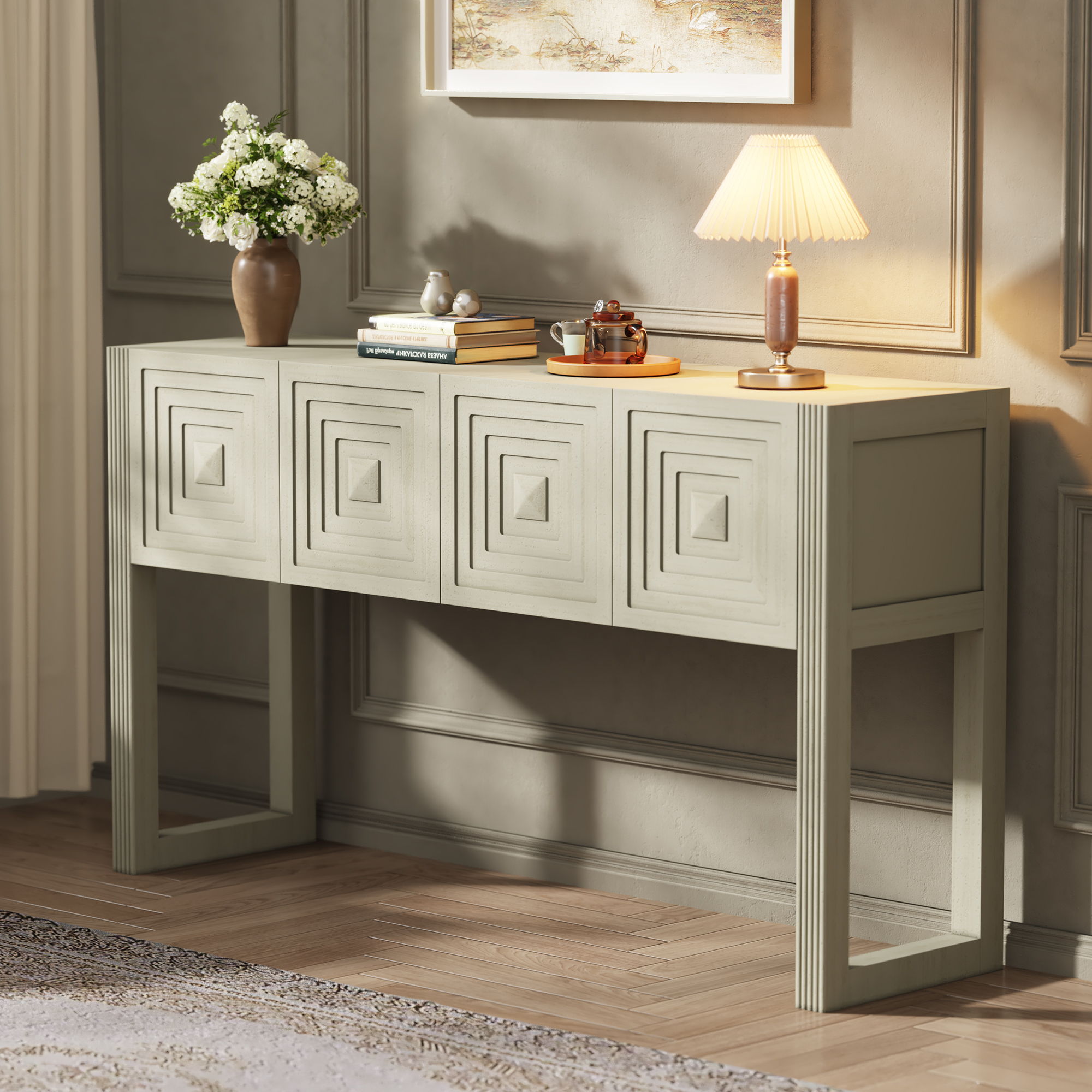 Geometric Carved Console Table With 3 Soft Close Drawers by HouseOfZazla