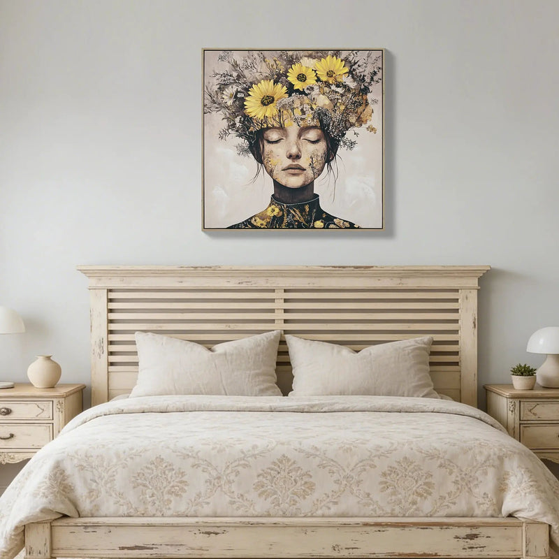 Beauty Lady Wall Art Gold and White Floral Canvas Artwork 24x24 Inch by HouseOfZazla