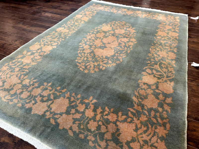 Teal Chinese Wool Rug 6x8, Vintage Handmade Carpet, Floral, Semi Open Field by Jewel Rugs