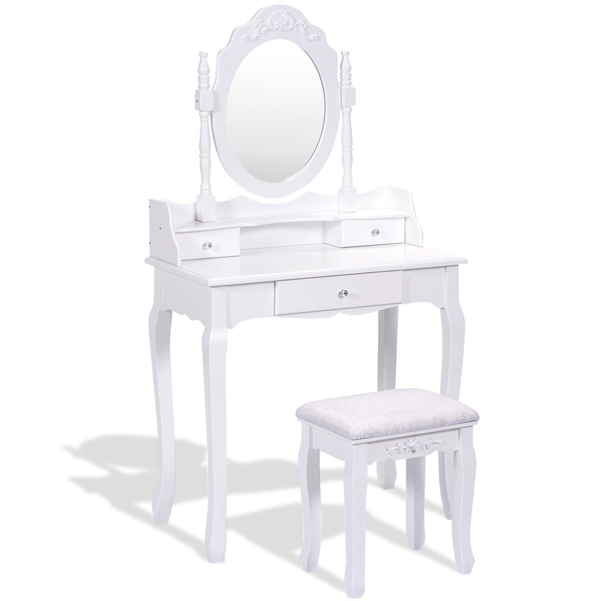 Vanity Table Set with Cushioned Stool with 360¬∞ Rotating Oval Mirror and Three Drawers-White by DirectDeals