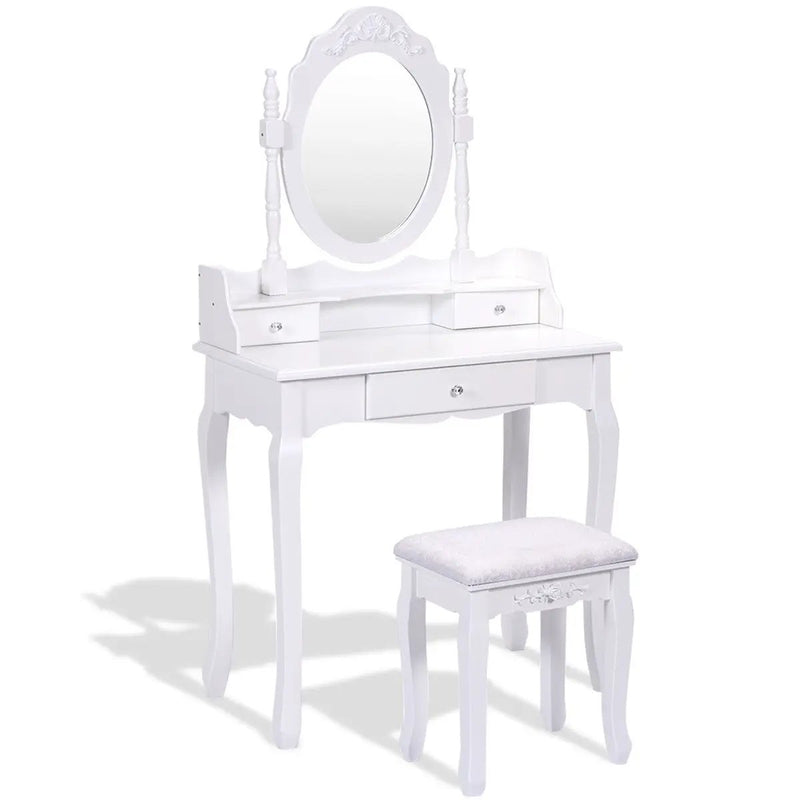 Vanity Table Set with Cushioned Stool with 360¬∞ Rotating Oval Mirror and Three Drawers-White by DirectDeals