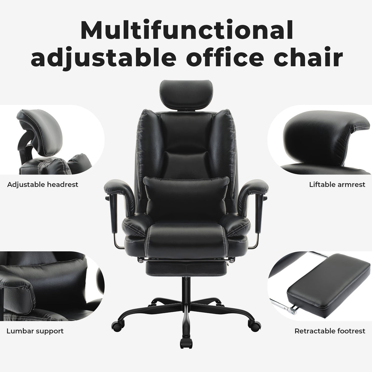 Ergonomic Office Chair with Lumbar Support and Liftable Headrest - Black PU Leather, photo 2 of 10