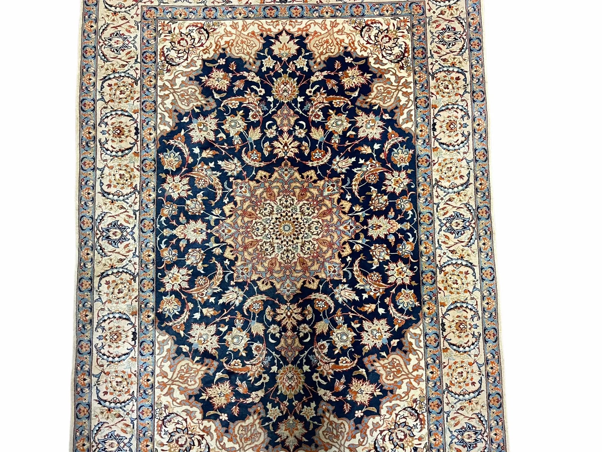 Persian Isfahan Rug 4x5, Navy Blue & Ivory, Wool and Silk Highlights by Jewel Rugs