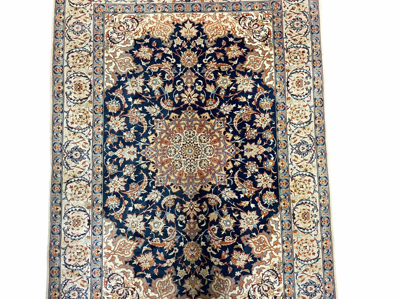 Persian Isfahan Rug 4x5, Navy Blue & Ivory, Wool and Silk Highlights by Jewel Rugs