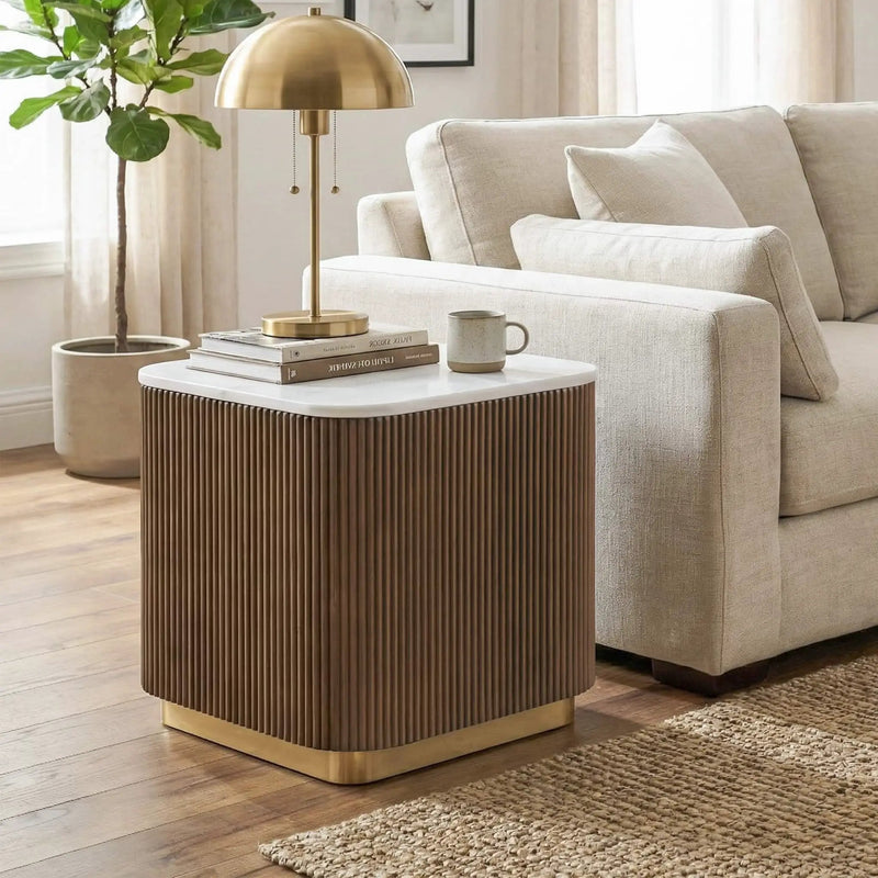 3 Piece Table Set, Square Cocktail Table & 2 Square End Tables - Brown / Gold / White by Unique Piece Furniture