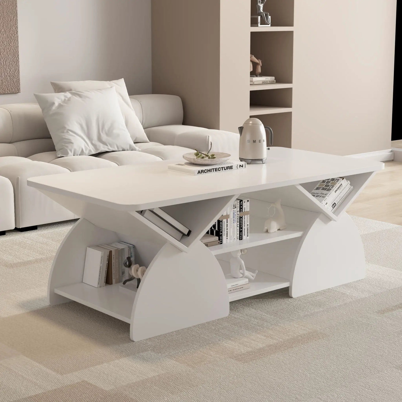 Geometric Engineered Coffee Table with Rounded Corners and Open Shelves by HouseOfZazla