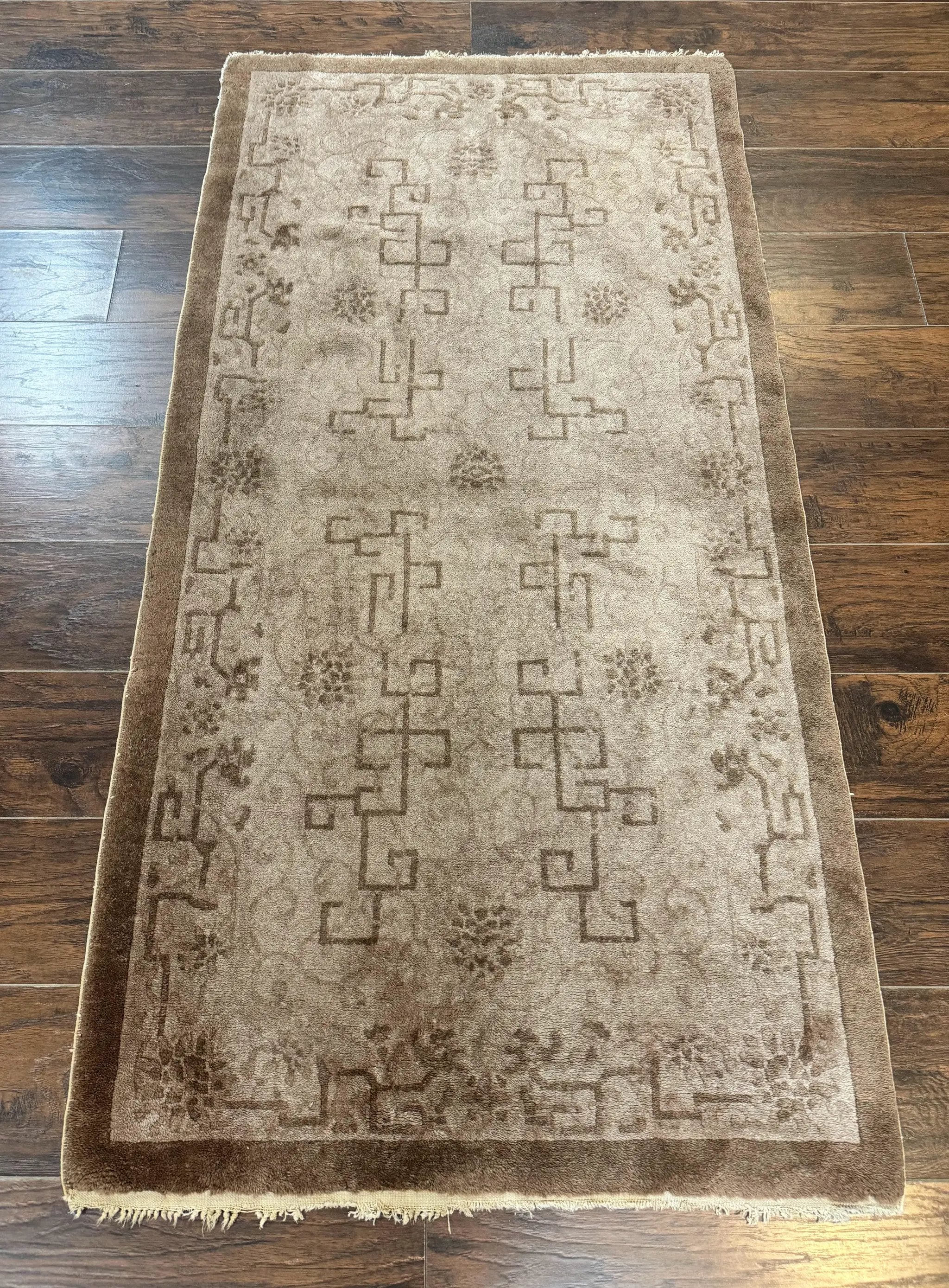 Antique Chinese Fette Rug 3x6, Taupe, Handmade Wool Chinese Carpet by Jewel Rugs