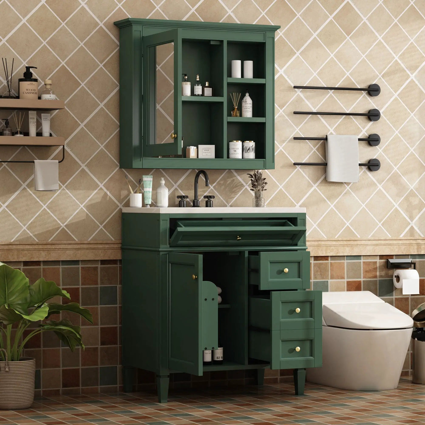Bathroom Vanity With Top Sink, 2 Doors And 3 Drawers, Freestanding Set With Mirror Cabinet by Unique Piece Furniture