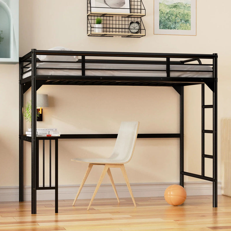 Twin Metal Loft Bed With Desk, Ladder And Guardrails, Bookdesk Under Bed - Black by Unique Piece Furniture