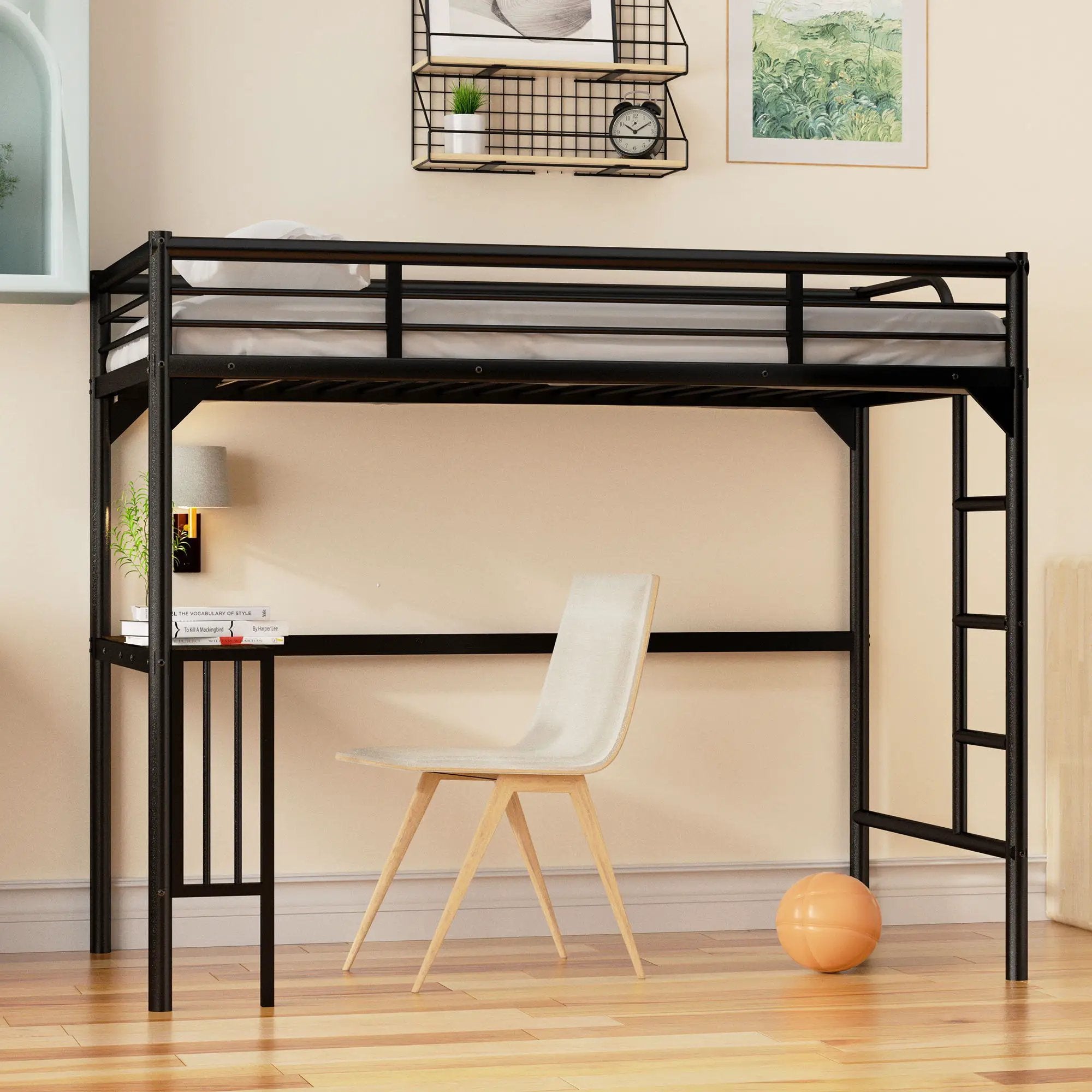Twin Metal Loft Bed With Desk, Ladder And Guardrails, Bookdesk Under Bed - Black by HouseOfZazla