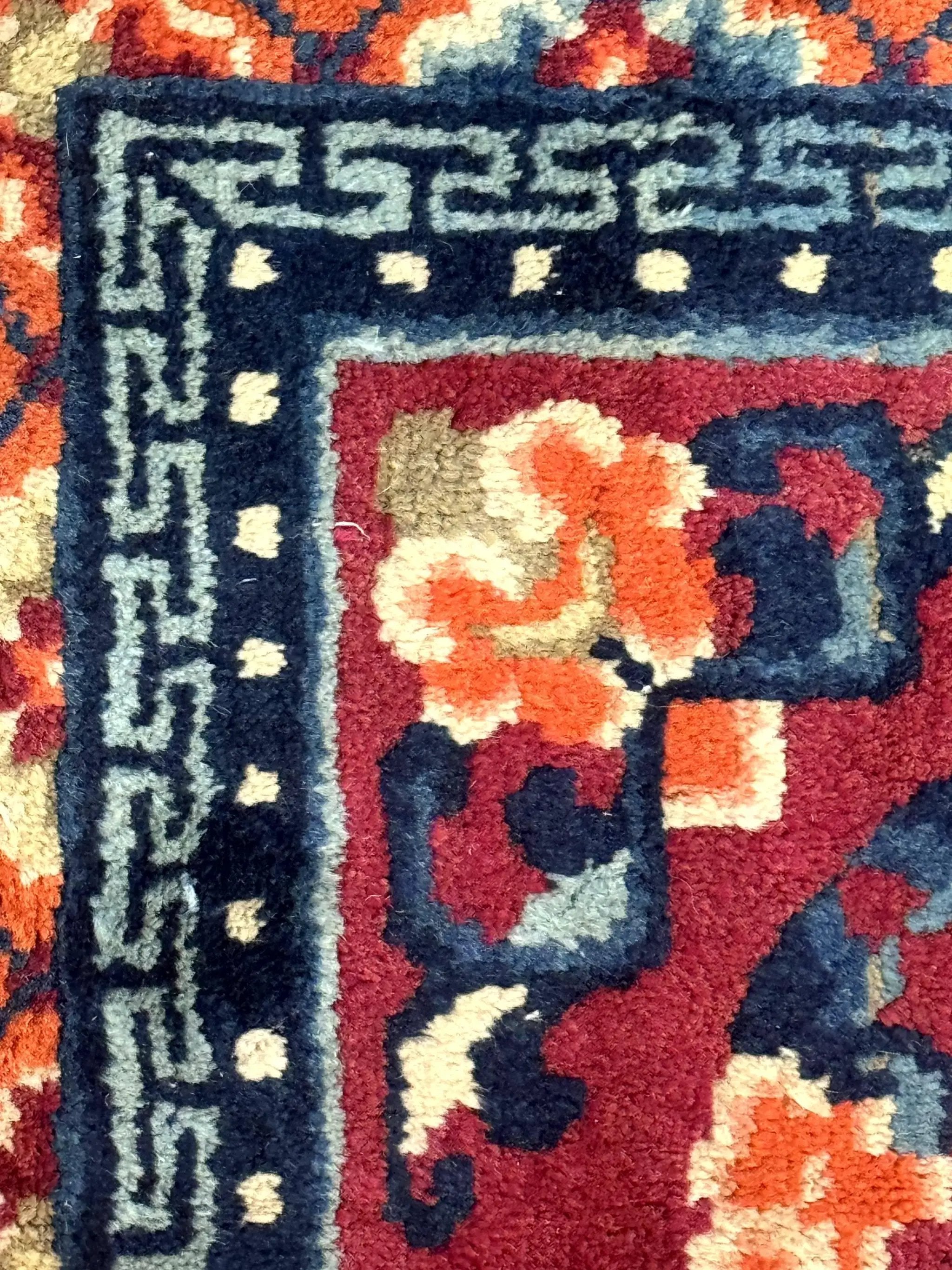 Small Antique Chinese Square Rug 2x3, Tibetan Rug, Red Orange Blue, 1920s Rug by Jewel Rugs