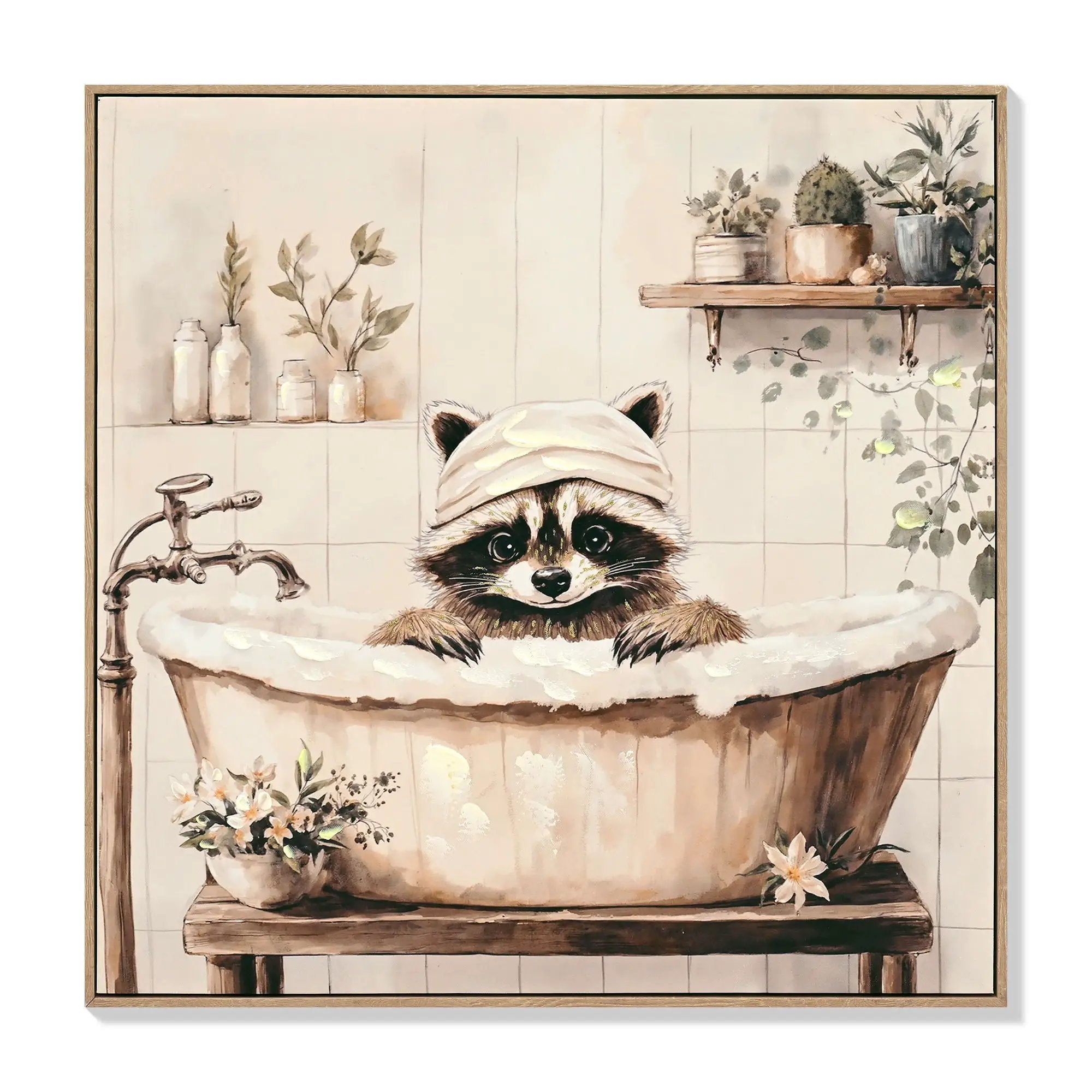 Raccoon Bathroom Canvas Wall Art, Framed - Black / Ivory by HouseOfZazla