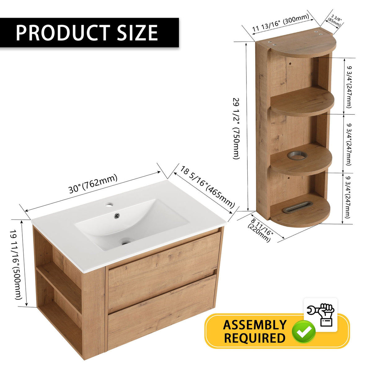 Modern Wall Mounted Bathroom Vanity with Ceramic Sink and Storage - Light Brown, photo 6 of 8
