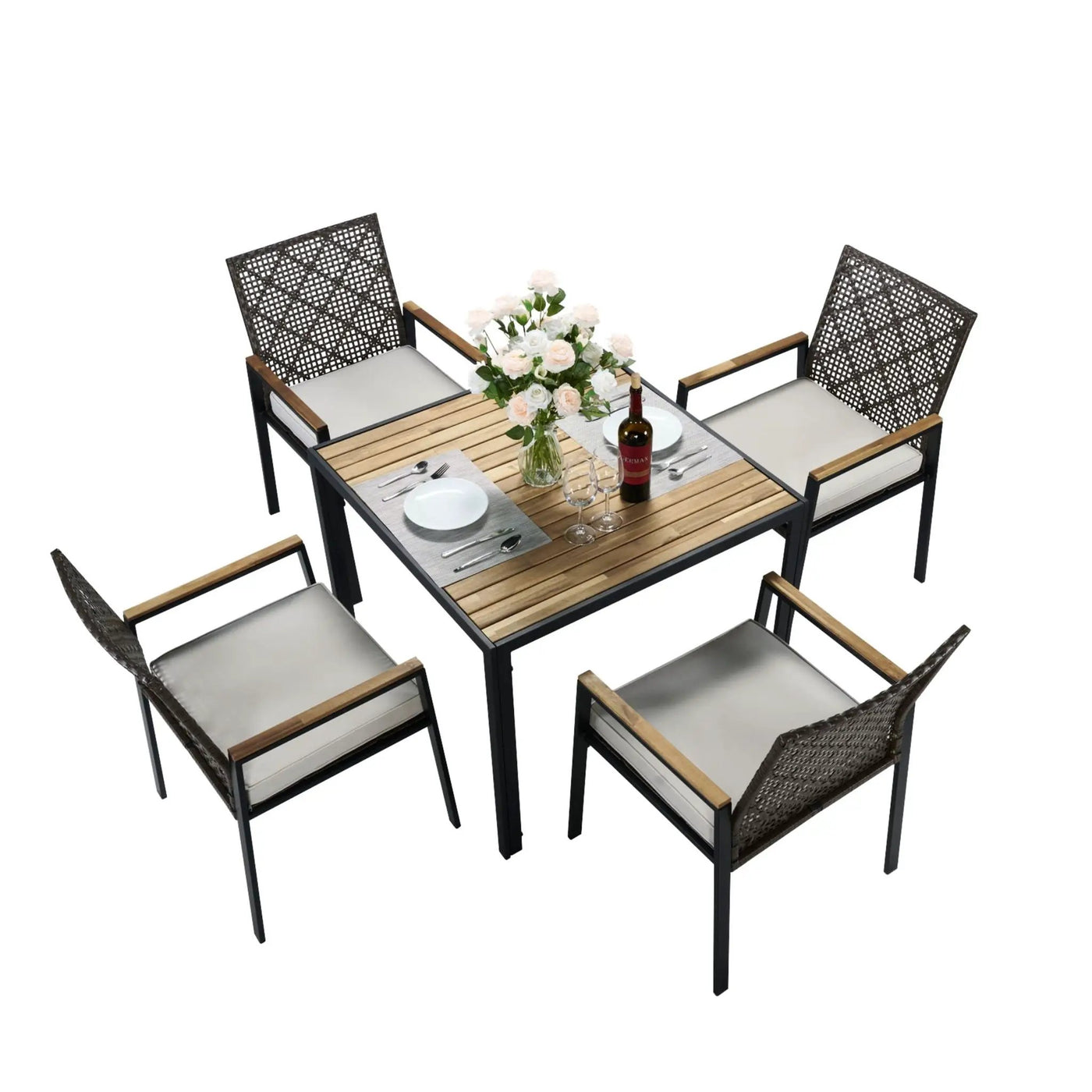 5 Piece Patio Dining Table Set, Acacia Wood Table Top With Umbrella Hole by HouseOfZazla