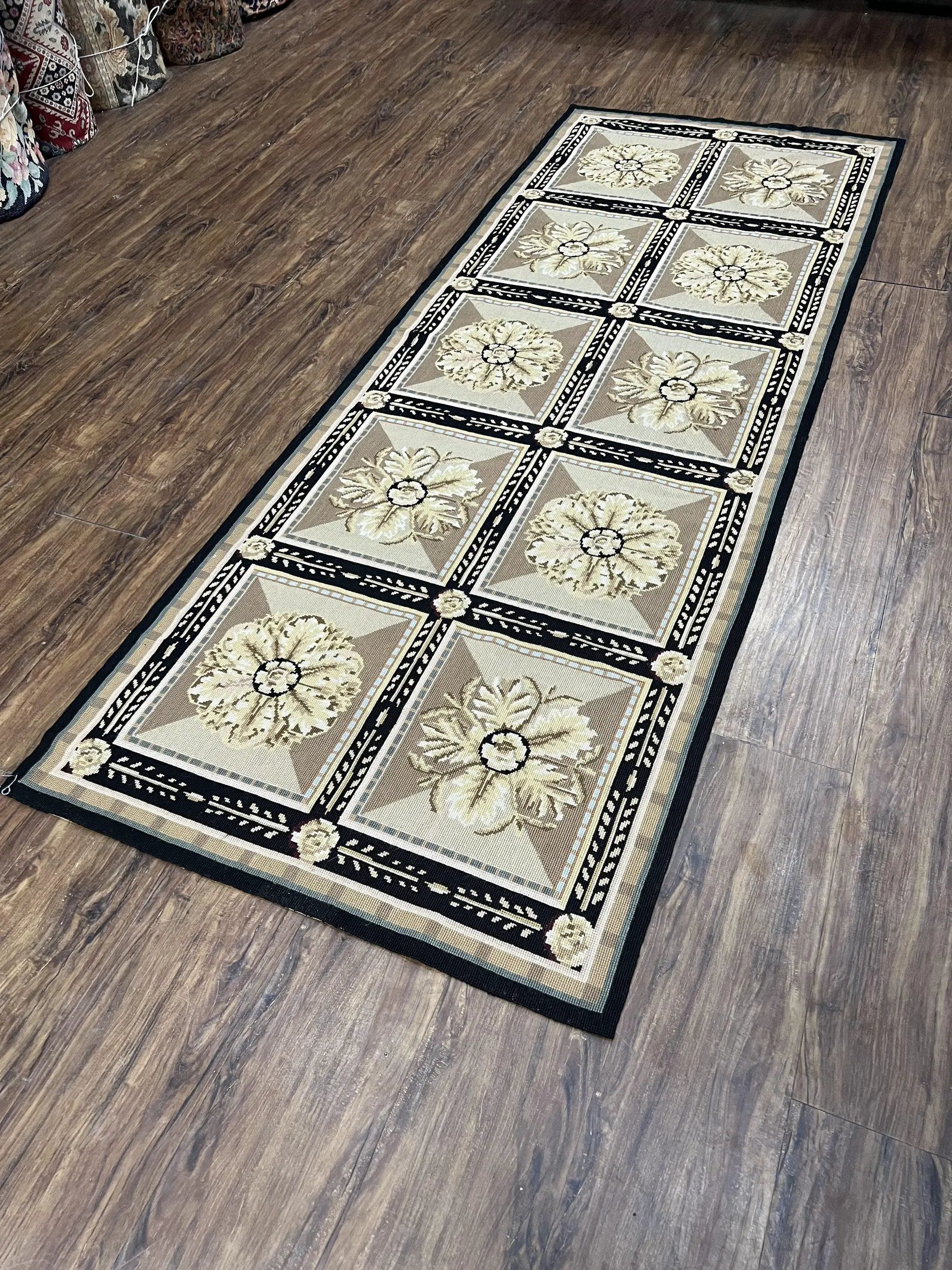 Needlepoint Runner Rug 3x8 Panel Design Rug, Flatweave Runner Rug, English Design, Floral, Short Runner Rug, Black and Beige Wool Hand-Woven by Jewel Rugs